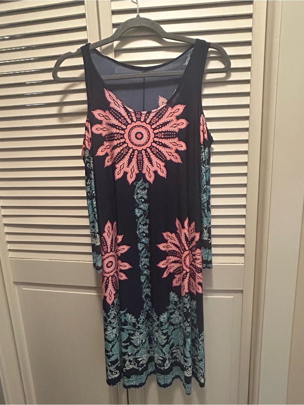 Cold Shoulder Navy Dress with Pink Sunburst Print